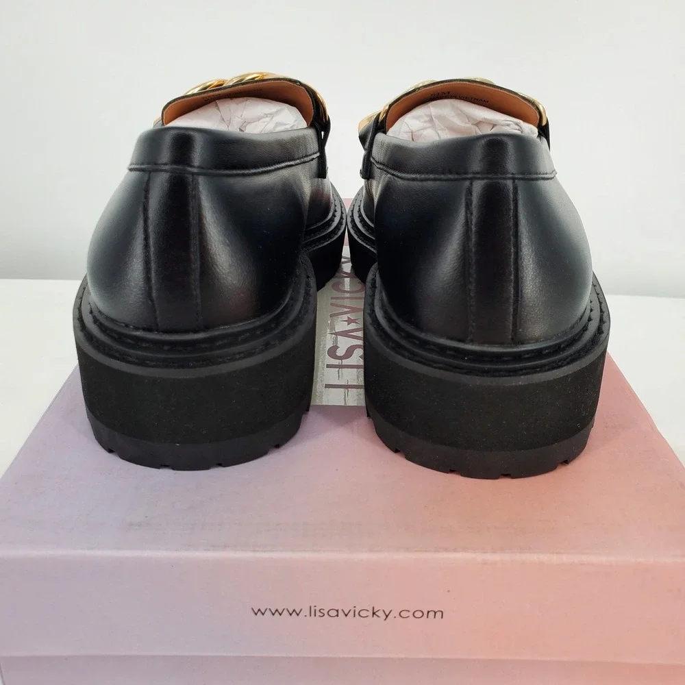 Lisa Vicky Womens Size 6.5M Pep-V Chunky Moc Toe Loafer Black‎ Chunky Chain New
